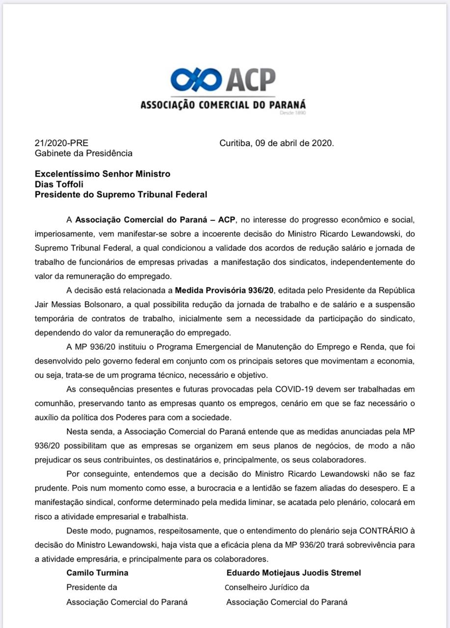 O documento assinado pelo presidente, Camilo Turmina , e pelo conselheiro jurídico, Eduardo Stremel