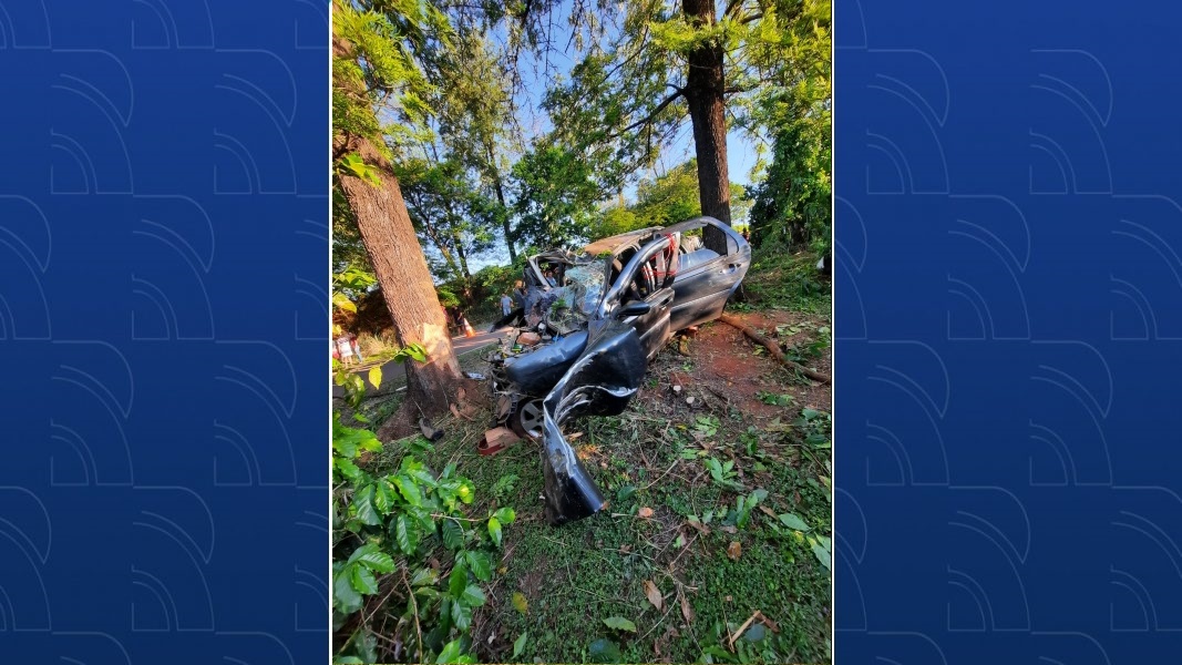 Carro Fiat Siena bastante avariado após colisão com árvore