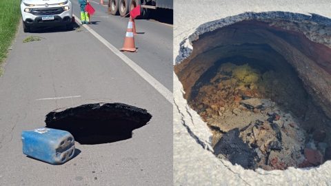 Cratera se abre em trecho da BR-277, no Orleans, em Curitiba