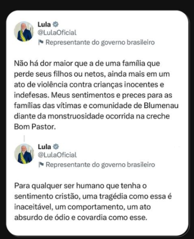 Lula manda mensagem às famílias das vítimas do ataque em creche de