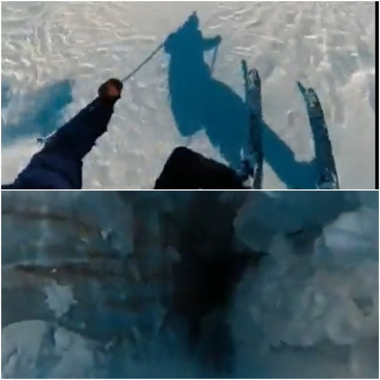  Pelas imagens capturadas pela câmera presa no capacete do homem, é possível ver que ele tenta desviar de um círculo na neve, mas acaba caindo e deslizando para uma fenda de neve. 