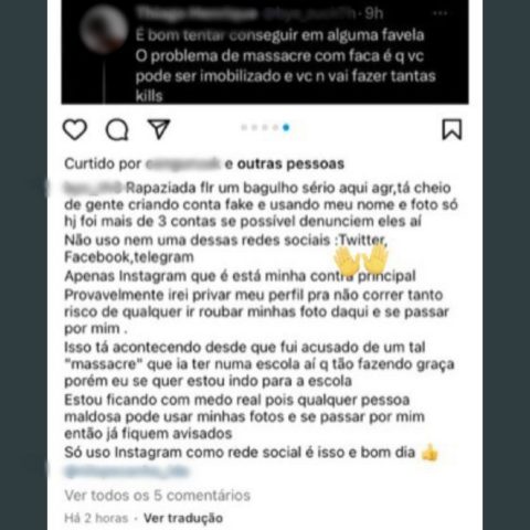 Depois de saber que suas postagens nazistas estavam com a polícia, adolescente fez novo post na internet dizendo que haviam usado seu nome em perfis falsos e que as postagens não eram suas. (Foto: Reprodução / redes sociais)