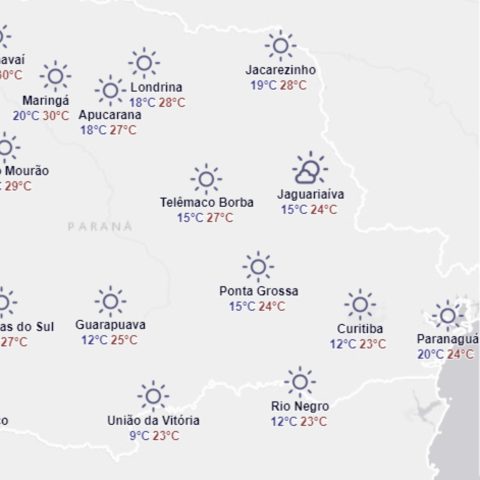 Temperaturas para este domingo na região leste. (Imagem: Simepar)