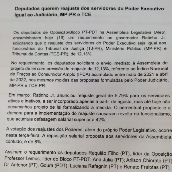 Oposição pede que reajuste dos servidores tenha o mesmo percentual do TJ, TC e MP