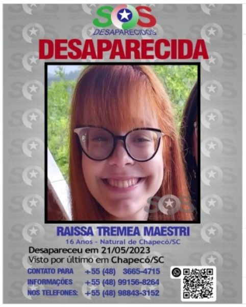 A adolescente Raissa Tremea Maestri, de 16 anos, está desaparecida há 11 dias, em Chapecó, Santa Catarina.