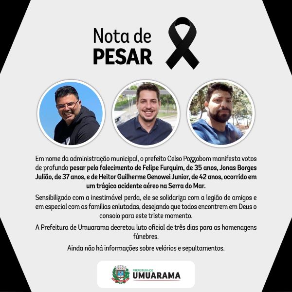 Prefeitura de Umuarama decreta luto de 3 dias por mortes na queda de avião no PR