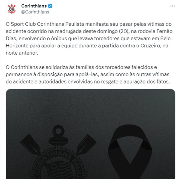 clubes lamentam acidente de ônibus com torcedores do Corinthians