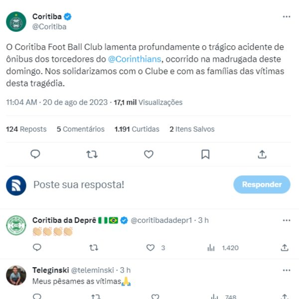 clubes lamentam acidente de ônibus com torcedores do Corinthians