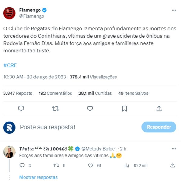 clubes lamentam acidente de ônibus com torcedores do Corinthians