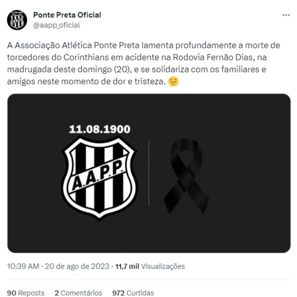 clubes lamentam acidente de ônibus com torcedores do Corinthians