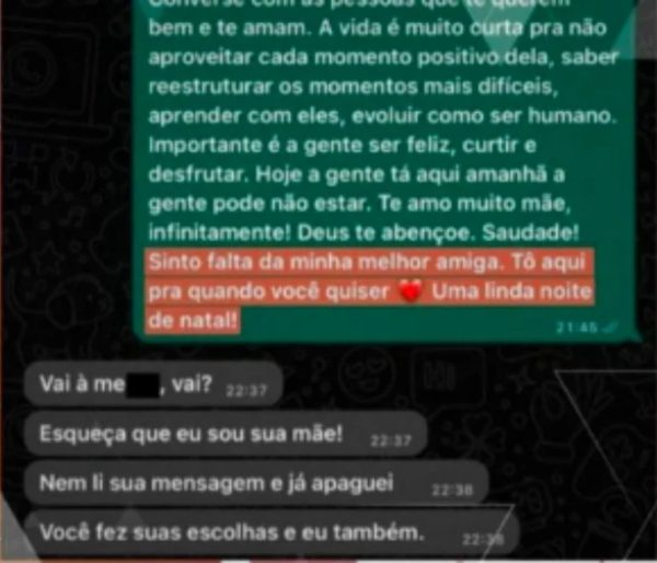 Na mensagem, divulgada pelo Fantástico neste domingo (20), Larissa deseja um feliz natal para a mãe.