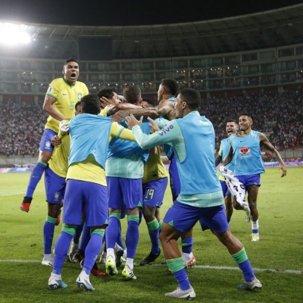 Seleção brasileira comemora gol contra o Peru