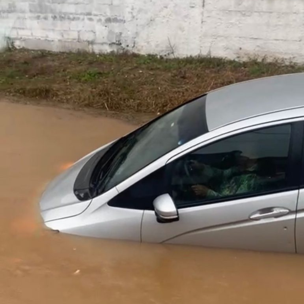  Carro com idosa dentro é arrastado pela água ao cair em rio durante temporal 