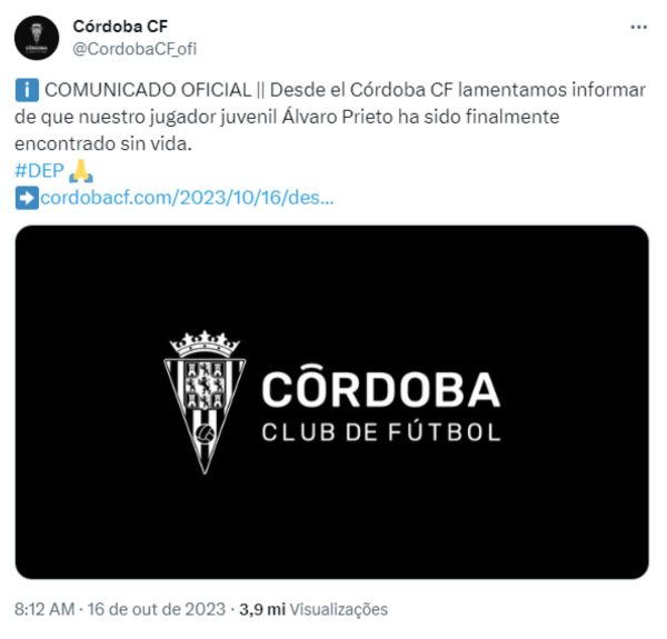 Jogador do Córdoba que estava desaparecido encontrado morto