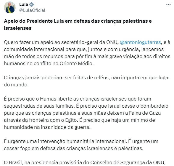 post lula sobre conflito israel hamas