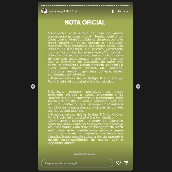 Nota oficial de Lucas Souza.