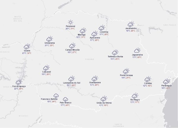Tempo nublado e possibilidade de chuva em Maringá; veja a previsão