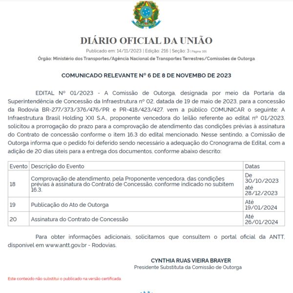 prorrogação assinatura contrato pedágio