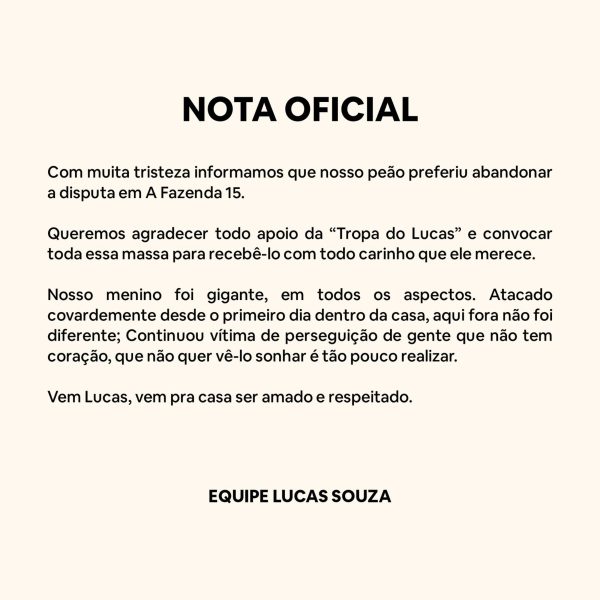 Equipe de Lucas Souza detona peões ao explicar desistência de 'A Fazenda  2023': 'Atacado covardemente