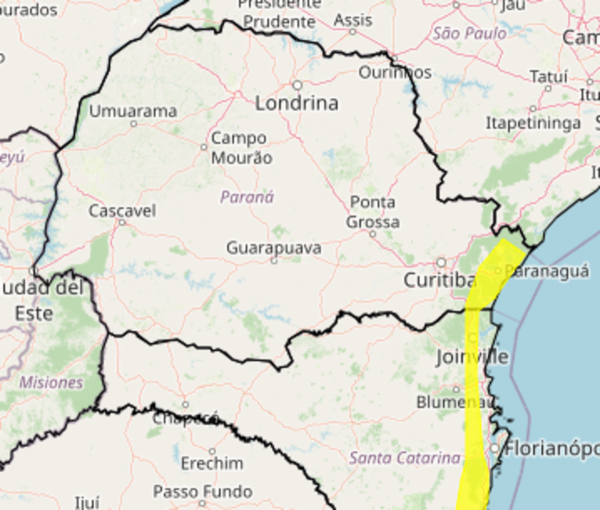O alerta amarelo está na região do litoral