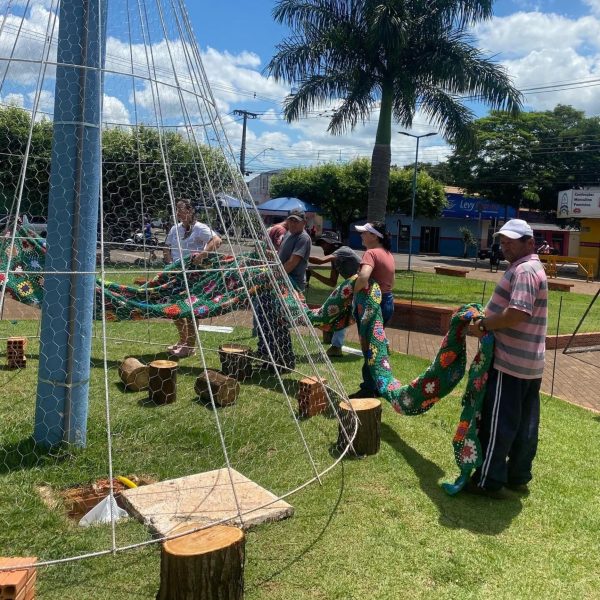 Pessoas montando a árvore de Natal