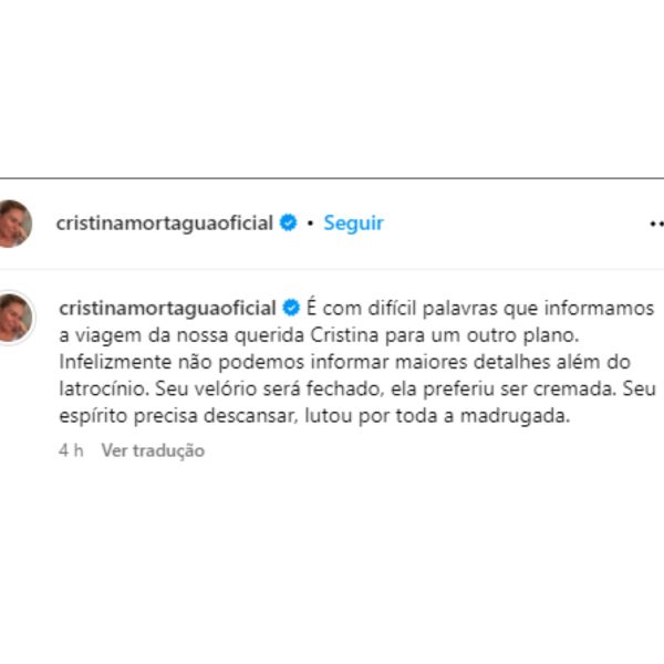 Cristina Mortágua morreu? Perfil da artista deixa fãs preocupados nas redes sociais