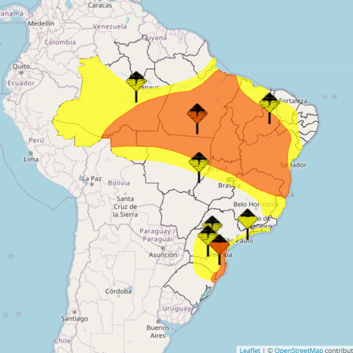  mapa do inmet mostrando áreas de perigo para tempestades e chuvas no Brasil 