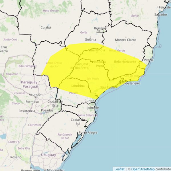 mapa inmet com áreas de risco em amarelo