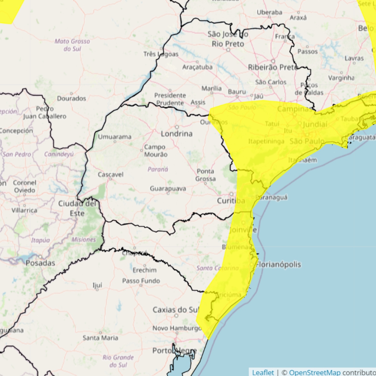  mapa inmet com alerta amarelo para Região Metropolitana e Litoral do Paraná 