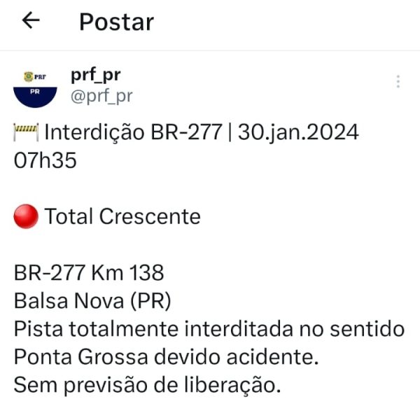 Informativo da PRF sobre interdição na BR-277