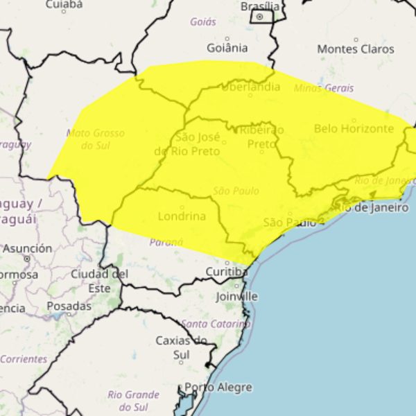 Frente fria coloca o Paraná, SP, Minas e Mato Grosso do Sul em alerta amarelo
