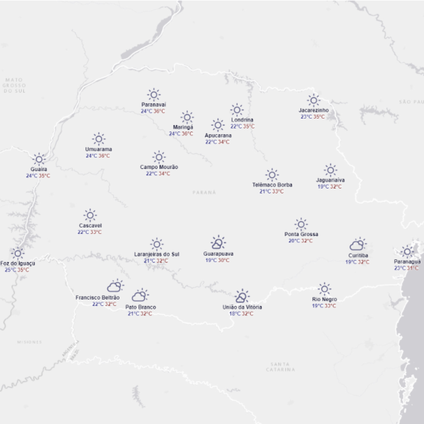 Mapa do tempo no Paraná com temperaturas.