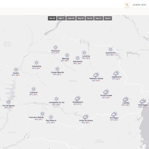 Mapa do Paraná com a previsão do tempo para esta sexta-feira (26)