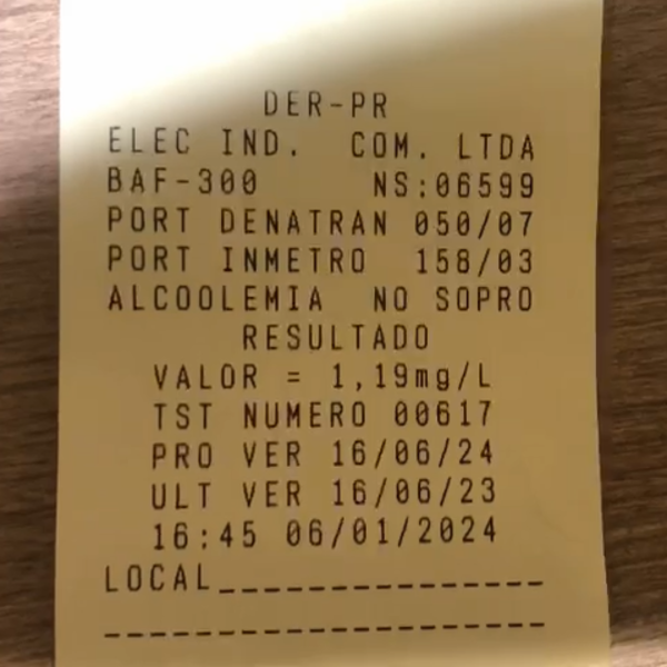 Teste do bafômetro apontou consumo de bebida alcoólica.