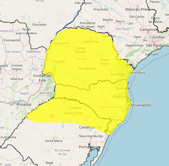  mapa do paraná com alerta amarelo para tempestades 