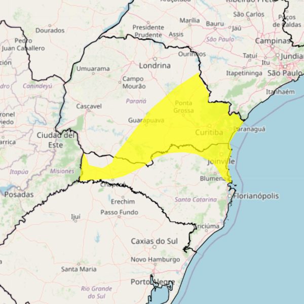 mapa do inmet preenchido amarelo na região Leste do Paraná e Centro-Sul