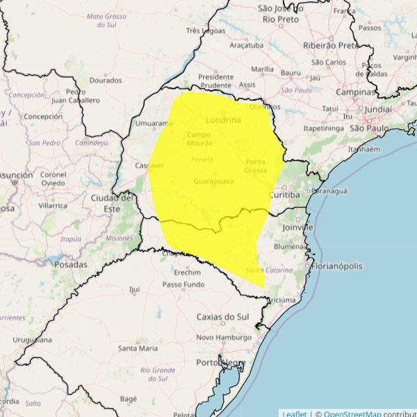 mapa com alerta amarelo no paraná