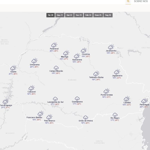 Mapa do Paraná apresenta risco de chuvas em todo estado