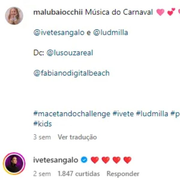Print do comentário da Ivete Sangalo no vídeo da criança que viralizou ao dançar 'macetando'