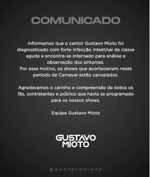 Gustavo Mioto cancela shows no Carnaval após ser internado