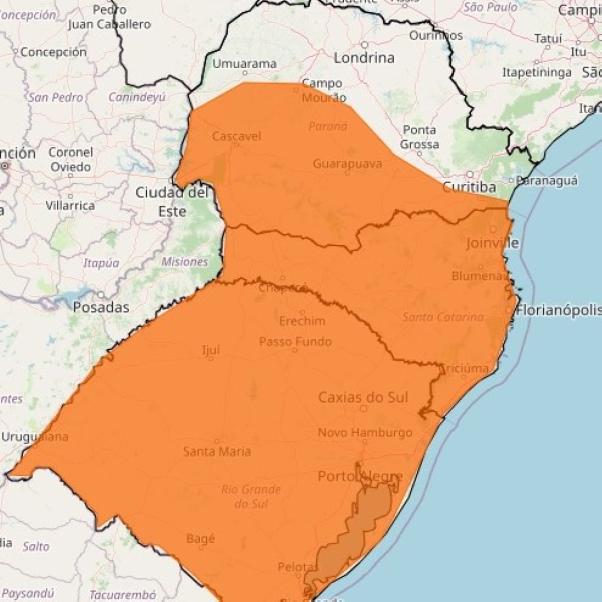 Além do Paraná, Santa Catarina e Rio Grande do Sul estão em alerta laranja
