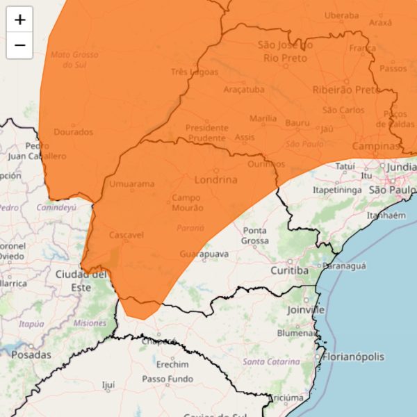 mapa do inmet preenchido com laranja em parte do Paraná e do Sudeste