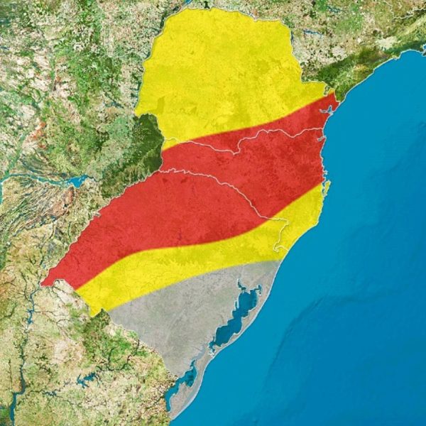 Mapa mostra risco de temporal na região sul do Brasil