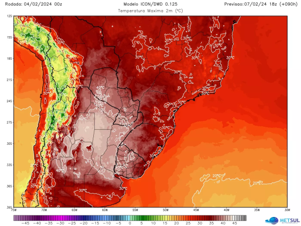  mapa da previsão do tempo sobre o domo de calor que atinge a argentina e o brasil 