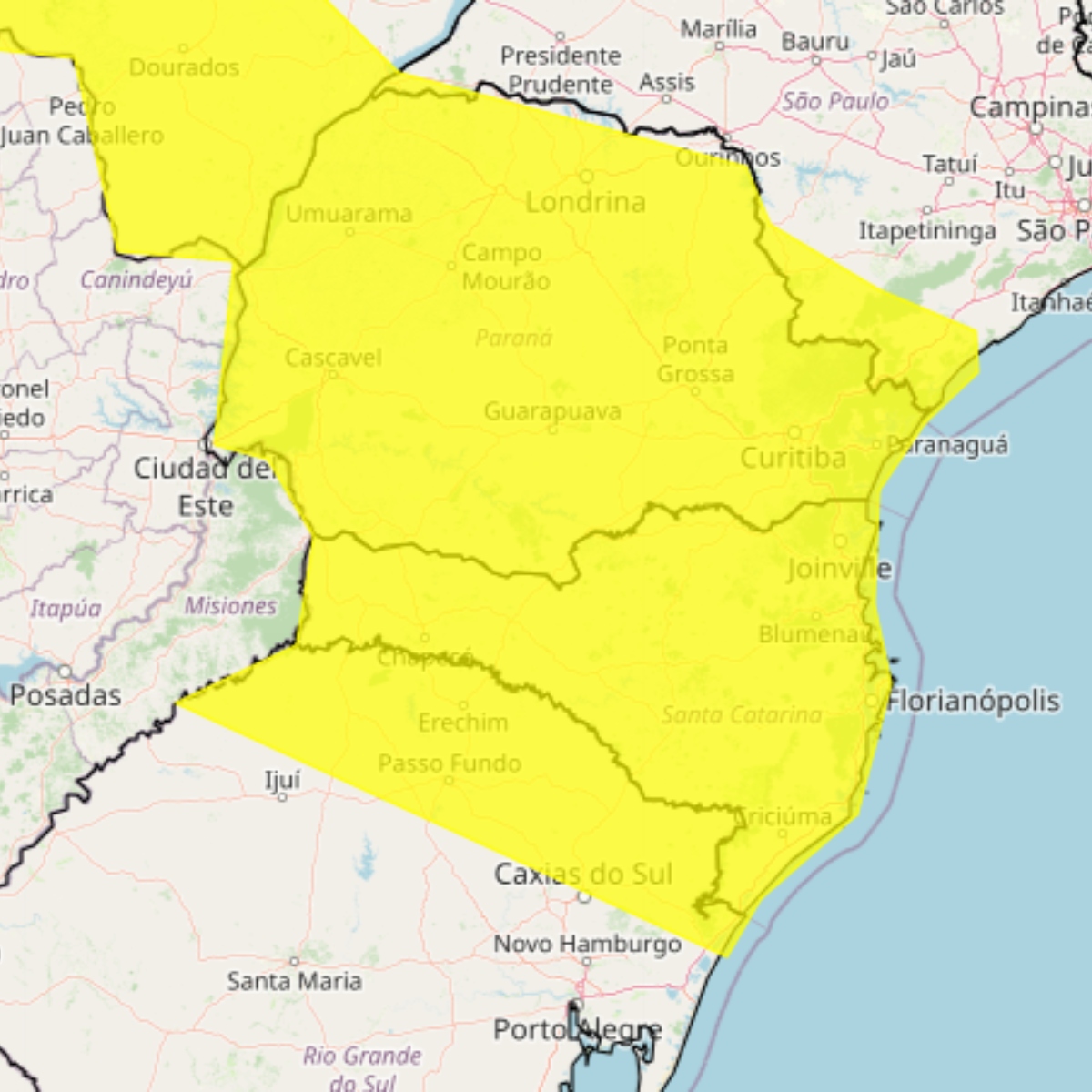  Alerta de chuva forte Paraná, RS, SC e MS 