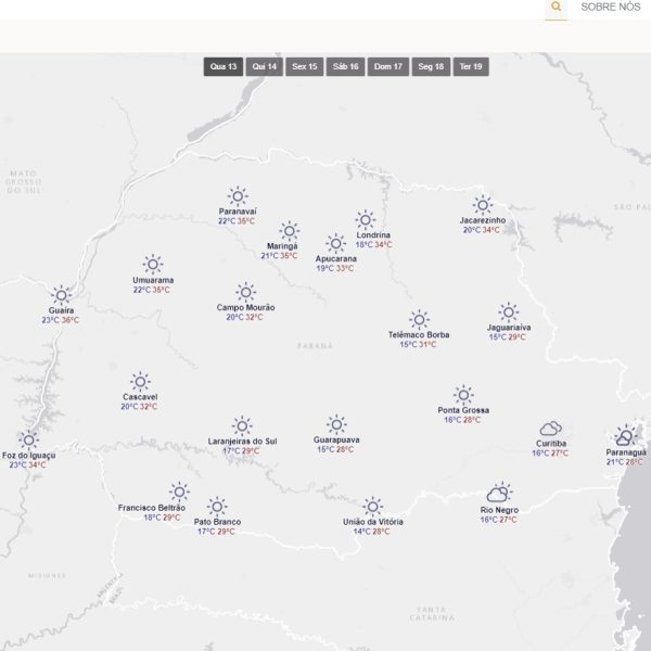 Previsão do tempo para o Paraná nesta quarta-feira (13) indica calorão
