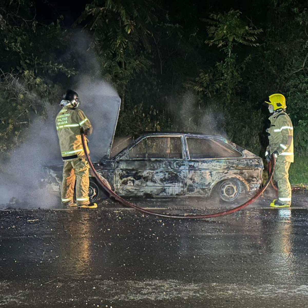  carro completamente destruído após incêndio PR-445 