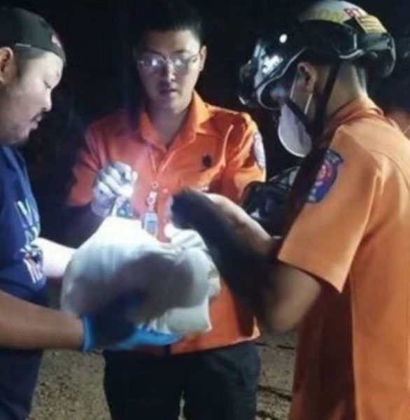 autoridades segurando o corpo de um recém-nascido dentro de uma sacola