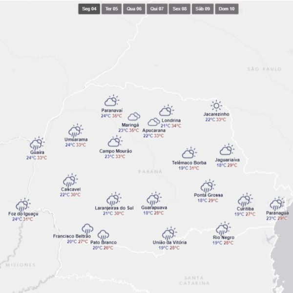 Mapa mostra previsão do tempo para o Paraná nesta segunda-feira (4)