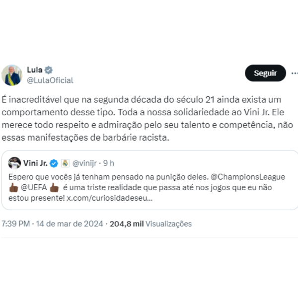 Lula apoia Vini Jr após ataques racistas na Espanha